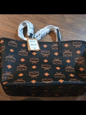 MCM Black Tote Bag with Cognac Logo Print